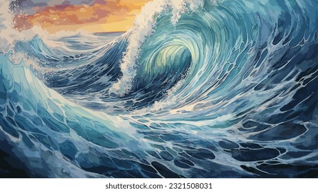 Gran ola en un mar furioso. Una fuerte tormenta en el océano. Grandes olas. Tonos azules. El poder de la naturaleza furiosa. Captura de mar, arte. Diseño de ilustración de vector