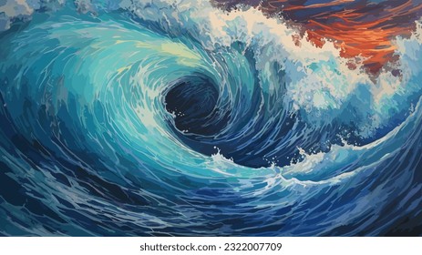 Big wave in a raging sea. A strong storm in the ocean. Big waves. Blue tones. The power of raging nature. Seascape, artwork. Vector illustration design