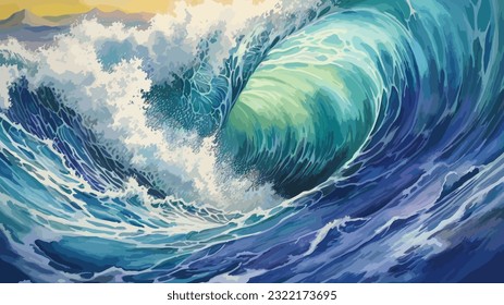 Big wave in a raging sea. A strong storm in the ocean. Big waves. Blue tones. The power of raging nature. Seascape, artwork. Vector illustration design