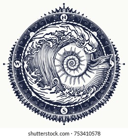 Big wave and sea shell tattoo and t-shirt design. Symbol of adventures boho style. Great outdoors 