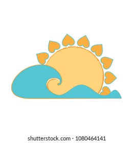 Big wave and Sun with heart-shaped beams vector illustration. Can be used as logo icon.