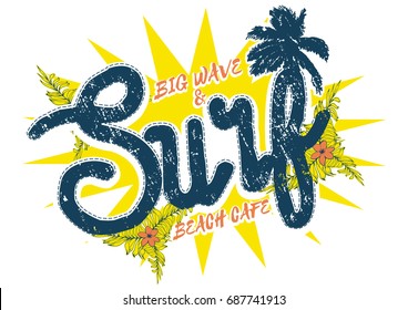big wave and surf and beach cafe graphic for tee print