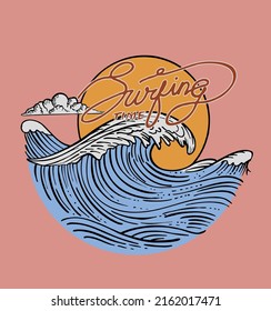 Big wave surfing illustration. Typography design for t shirt and apparel print.