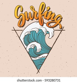 Big wave surfing illustration. Typography design for t shirt and apparel print.