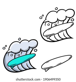 Big wave and surfing. Surfboard in the sea. Extreme sports. Blue water with foam. Summer holiday. Set of cartoon illustration
