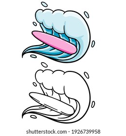 Big wave and surfing. Surfboard in the sea. Extreme sports. Blue water with foam. Summer holiday. Set of cartoon illustration