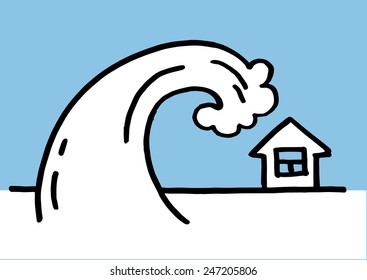 Big wave of tsunami overflows house. Doodle vector illustration