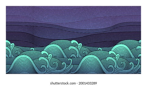 Big wave vector illustration. Old Japanese artwork with a big wave and gray clouds before the storm. Great for poster, postcard, packaging, templates, book covers. EPS10