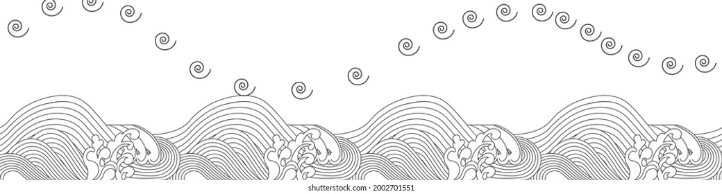 Big wave vector illustration. Old Japanese artwork with big wave 60s black and white style. Perfect for poster, postcard, packaging, templates, banners, fabric, prints. EPS10