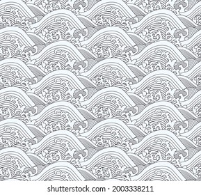 Big wave vector illustration. Old Japanese artwork with big wave 60s black and white style. Perfect for poster, postcard, packaging, templates, banners, fabric, prints, business, logo. EPS10