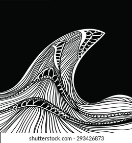 Big wave.Graphic. Vector illustration of high wave, tsunami, high water. White water and black night background. Design element. Eps 10.