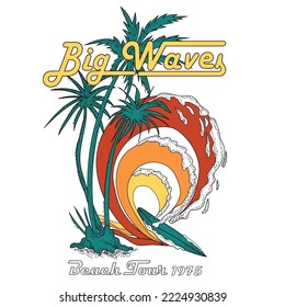 Big Waves Beach Tour 1975, Palm tree con diseño impreso de la isla Big Waves para camisetas impresas, afiches, pegatinas, fondo y otros usos. Villas de playa con diseño de impresión vintage en tablas de surf.