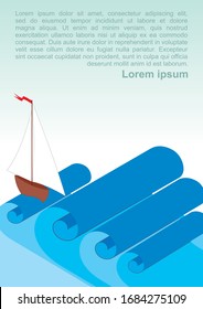 Big waves and a boat with sails floating on the waves of paper. Rolls of wavy twisted paper. Bright vector image for posters, booklets and web design.