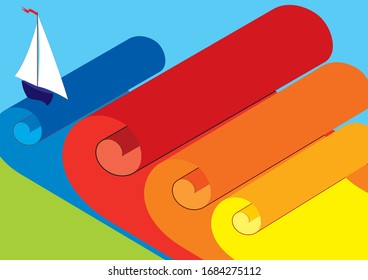 Big waves and a boat with sails floating on the waves of paper. Rolls of wavy twisted paper. Bright vector image for posters, booklets and web design.