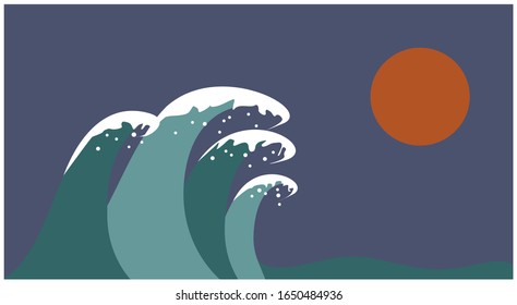 grandes olas por la noche decoradas con la luna