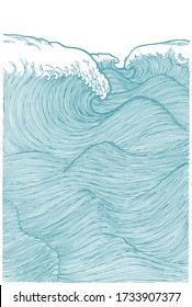 Big waves in the ocean. Tropical sea waves in Japanese  art style. Line illustration vector pattern.