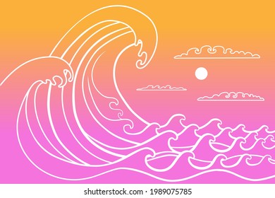 Big waves. Tropical sunset sea view. Minimalist style. Vector line illustration.