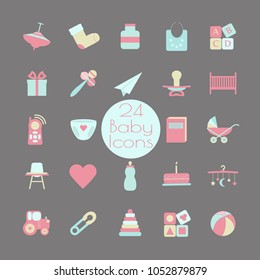 Big web icon set. Baby, toy, feed and care24 colorful ready to use isolated icons on dark background.