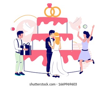 Big wedding cake with two rings cake toppers, micro characters bride and groom, man with gift box, woman releasing doves vector flat illustration. Sweet dessert, pastry shop, wedding organizer service