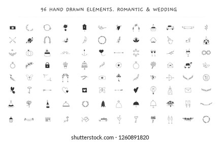 Big wedding and romantic logo elements set. Vector hand drawn objects, feminine clipart. For business branding and identity, greeting cards, overlays. Black on white isolated symbols.