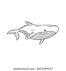 Big whale in black isolated on white background, Hand drawn vector sketch illustration in doodle engraved vintage line art style. Big sea animal fish, underwater life, aquarium creature, summer symbol