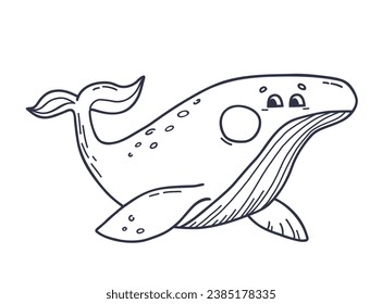 Big Whale in doodle style. Cute Hand drawn sea animal line art. Vector illustration isolated on white background for childrens stickers, postcard and coloring book