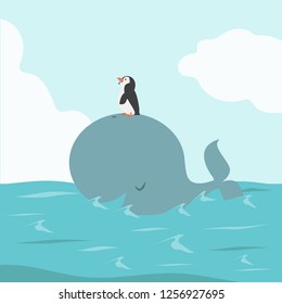 Big Whale Fish with penguin in Sea