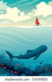 Big whale with fishes and coral reef in a deep sea under the red sailboat on a cloudy sky background. Underwater wildlife. Vector nature seascape. 