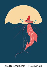 Big whale hitting boat in the ocean, trade war poster.