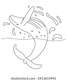 Gran ballena saltando del agua, estilo doodle contorno vectorial plano para libro de colorido