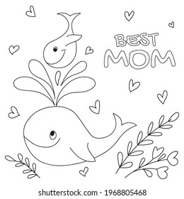 Big whale mom and her cub. Vector illustration in doodle style on a white background. A small whale rides on a fountain. Monochrome childish drawing by hands, coloring book page.