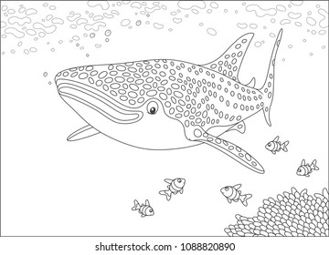 Big whale shark and small coral fishes swimming over a reef in a tropical sea, black and white vector illustration in a cartoon style for a coloring book