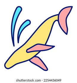 Big whale, sperm whale jumping into the water, splashing water  - icon, illustration on white background, color style