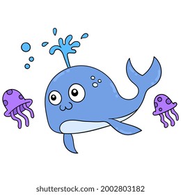 big whale swimming with jellyfish in the sea, vector illustration art. doodle icon image kawaii.