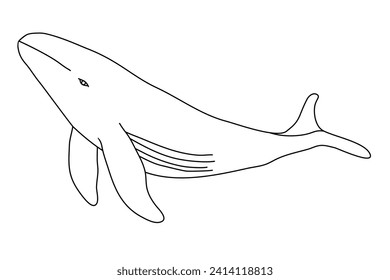 Gran natación de ballenas bajo el agua, estilo doodle contorno vectorial plano para libro de colorido