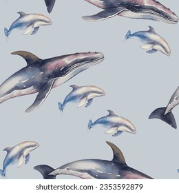 Grandes criaturas acuáticas de ballenas aisladas de fondo blanco. Diseño de patrones sin fisuras de papel digital. Ilustración de natación delfines diseño marino sin fisuras. Animales acuáticos salvajes. 