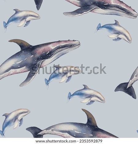 Big whales aquatic mammal cretures isolated on white background. Digital paper seamless pattern design. Dolphin swimming illustration seamless pattern marine design. Wild nature aquatic animals.  Stock photo © 