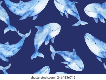 Grandes ballenas criaturas de mamíferos acuáticos vector patrón sin fisuras. Diseño de patrones sin fisuras de papel digital. Ilustración de natación de delfín patrón sin fisuras diseño marino. Naturaleza salvaje animales acuáticos. 