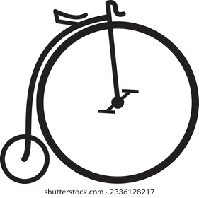 Big wheel bike popular called Penny fart vehicle, simple outline drawing symbol. Retro bicycle with big front wheel pictogram decoration logo icon. Antique balance training bike first transportation.