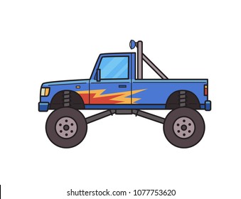 Big wheel monster truck decorated with fire pattern. Bigfoot truck, side view. Isolated image on white background. Vector illustration. Flat style.