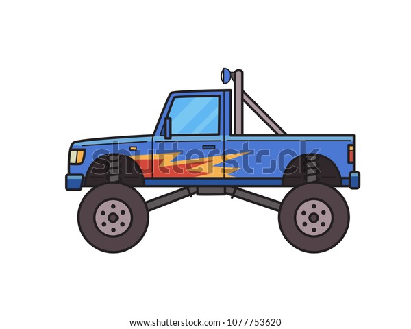 Big wheel monster truck decorated with fire\
pattern. Bigfoot truck, side view. Isolated image on white\
background. Vector illustration. Flat\
style.
