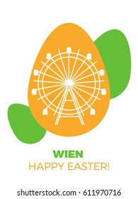 Big wheel in the Vienna Prater. Romantic and calm carousel. Happy easter theme with big colorful eggs. Simple minimalistic vector illustration. Thin line silhouette front line building.