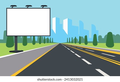 Big white banner by roadside. Road billboard. Urban building. Transport highway. Way to city. Downtown landscape. Information board. Advertising signage. Commercial placard. Vector concept