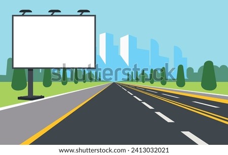 Big white banner by roadside. Road billboard. Urban building. Transport highway. Way to city. Downtown landscape. Information board. Advertising signage. Commercial placard. Vector concept