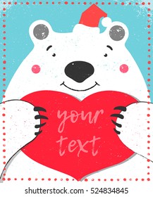Big white bear with red heart your text greeting postcard blank