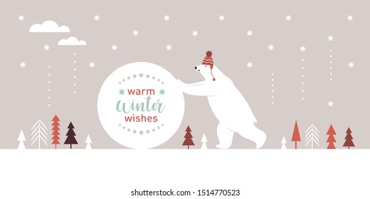 Big white bear in red knitted hat rolls a snowball, Christmas Card, Seasons greetings illustration, horizontal banner