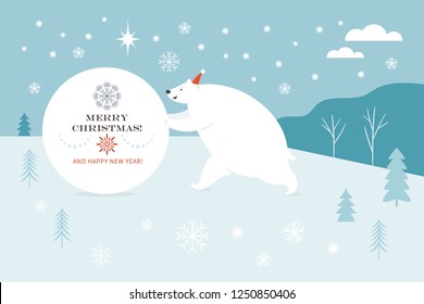 Big white bear rolls snowball, Christmas Card, Seasons greetings 