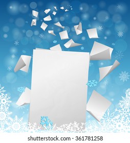 Big white blank sheet of paper with small papers flying away into the winter snowflakes  - new year resolutions idea