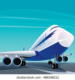 Big white blue modern passenger plane on the runway. On the side there is an inscription sky. Fair weather. Front view. Vector illustration
