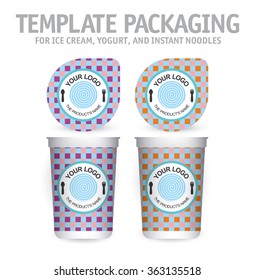 Big white bowl with lid for yogurt, ice cream, instant noodles, mashed potato or soup. Vector illustration. Template packaging. 